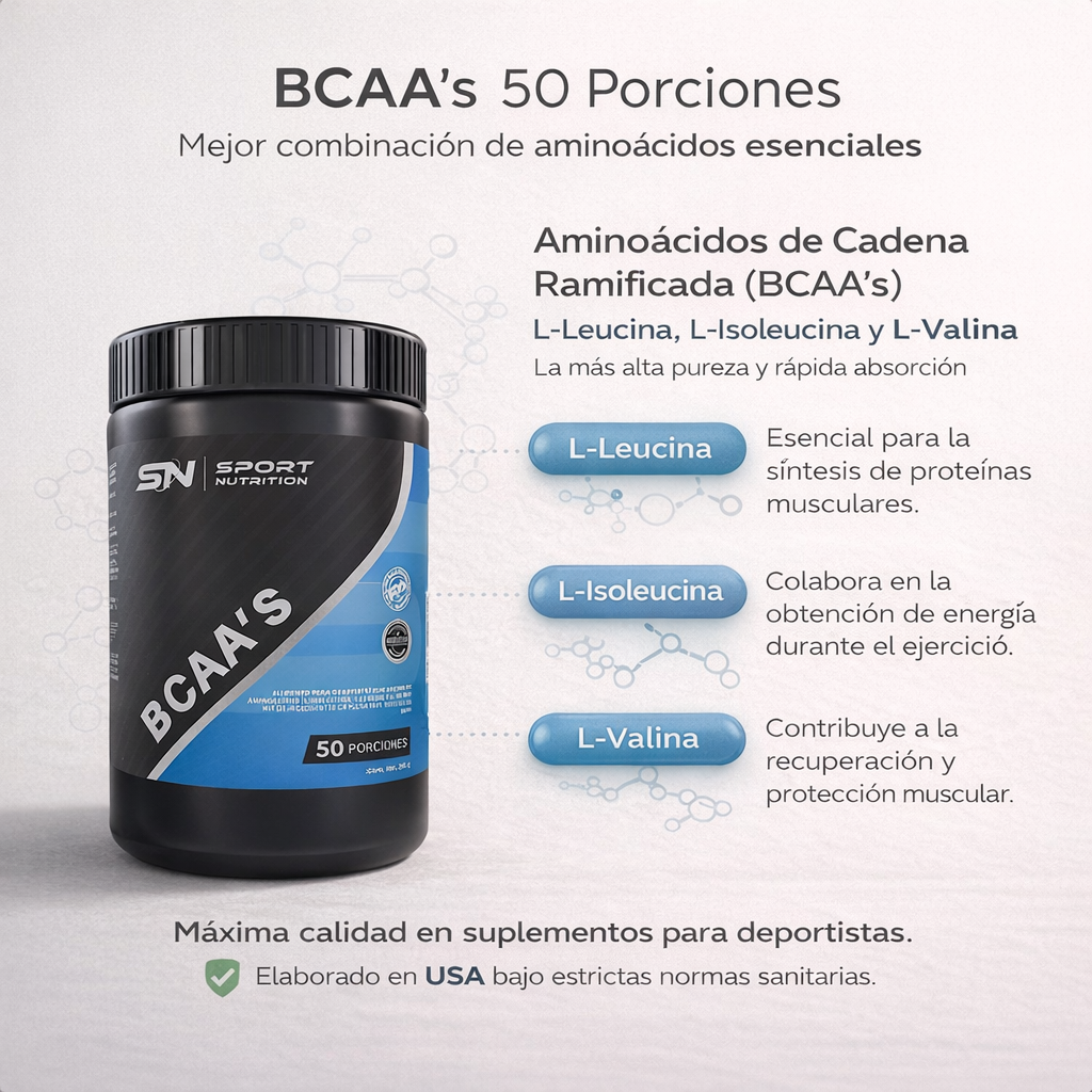BCAA’S – Recuperación muscular, rendimiento y protección de masa muscular | 50 porciones