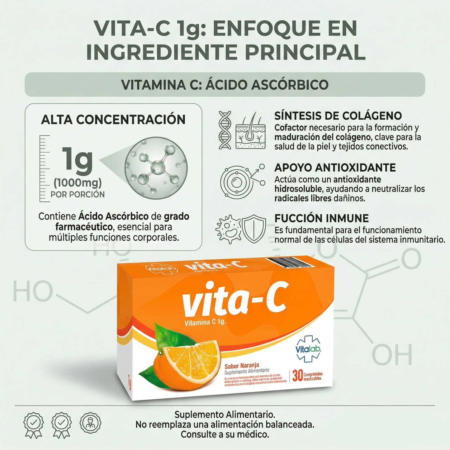 Vita-C 1000 mg masticable - Sistema inmunológico y protección antioxidante | 30 comprimidos