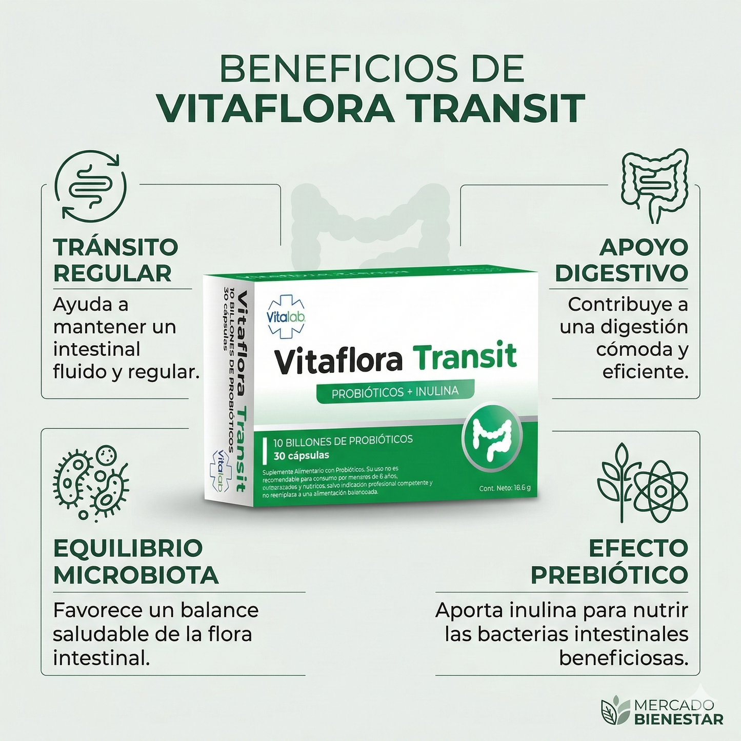 Vitaflora Transit – Probióticos e inulina para tránsito intestinal | 30 cápsulas